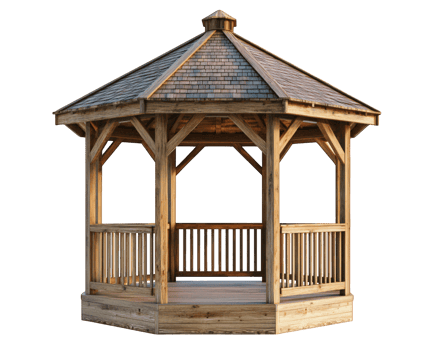 wooden gazebo with shingled roof, featuring open design and railings, perfect for outdoor gatherings and relaxation. This structure adds charm to gardens and parks png