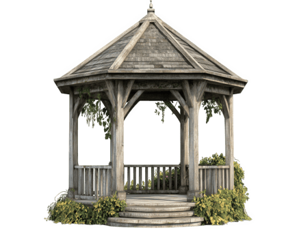 wooden gazebo with rustic design, surrounded by greenery and vines, perfect for outdoor gatherings and relaxation png