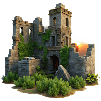 impressive contemporary Medieval castle ruins, crumbling stone walls, overgrown with vegetation, dramatic sunset, historical painting style, high quality png