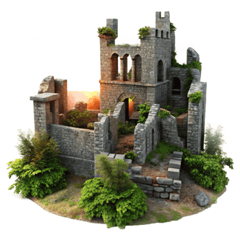 stunning creative Medieval castle ruins, crumbling stone walls, overgrown with vegetation, dramatic sunset, historical painting style, professional png