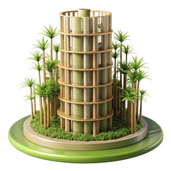 serene traditional Bamboo skyscraper, sustainable and innovative design, surrounded by lush greenery, architectural rendering style, high resolution png