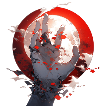 A rendered hand reaching towards the moon with red petals falling png