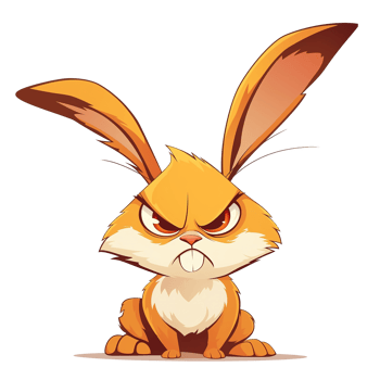 An angry cartoon illustration of a seated orange colored rabbit png