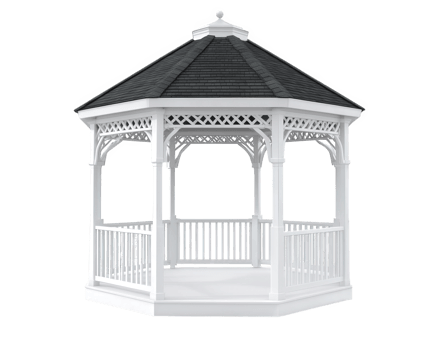 Elegant white gazebo with black shingled roof, perfect for outdoor gatherings and events. This structure adds charm to gardens and parks, providing serene space for relaxation png