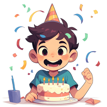 A cheerful child celebrates a birthday with a decorated cake png