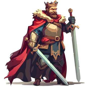 A regal king stands armed and armored with two gleaming swords png