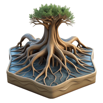 extraordinary abstract A gnarled tree root system exposed on a riverbank, soft diffused light, photorealistic style high quality png