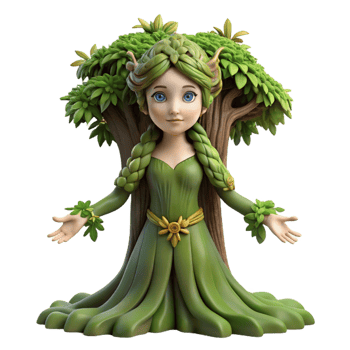 wonderful contemporary A serene dryad emerging from an ancient oak tree, adorned with moss and vines, soft dappled sunlight, Pre-Raphaelite style authentic png