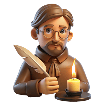serene creative Portrait of a pensive writer with spectacles and a quill pen, illuminated by the warm glow of a candle, in a vintage, sepia-toned style exclusive png