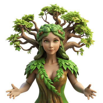 beautiful artistic A serene dryad emerging from an ancient oak tree, adorned with moss and vines, soft dappled sunlight, Pre-Raphaelite style premium png