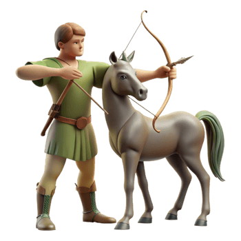 serene vintage A wise centaur teaching archery to a young human, dappled forest lighting, classical realism style original png