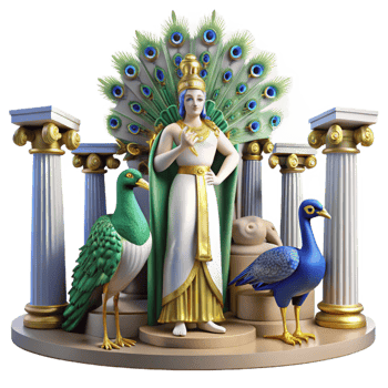 beautiful creative A vengeful Hera plotting against Zeus, surrounded by peacocks, dramatic spotlighting, neoclassical style professional png