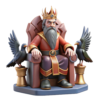 magnificent abstract A powerful Odin sitting on his throne, two ravens perched on his shoulders, majestic lighting, Viking art style detailed png