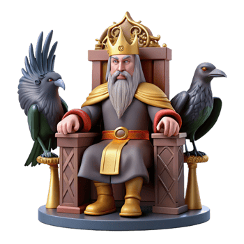 wonderful classic A powerful Odin sitting on his throne, two ravens perched on his shoulders, majestic lighting, Viking art style 4K png