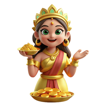 serene classic A loving Lakshmi, goddess of fortune, showering gold coins, opulent lighting, Hindu mythology style professional png
