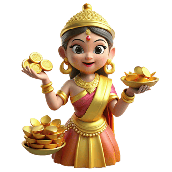 magnificent vintage A loving Lakshmi, goddess of fortune, showering gold coins, opulent lighting, Hindu mythology style 4K png