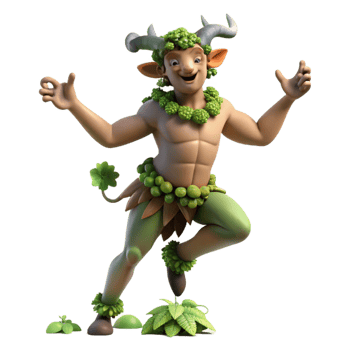 magnificent creative A playful satyr, dancing in a forest glade, crowned with ivy and grapevines, illuminated by dappled sunlight, in a Rococo painting style authentic png