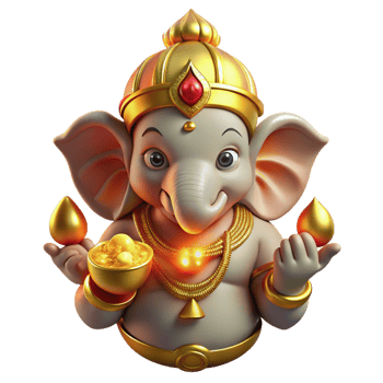 extraordinary rustic A powerful Hindu Ganesha, his elephant head adorned with jewels, holding a laddoo, illuminated by golden light, in a traditional Indian art style high resolution png