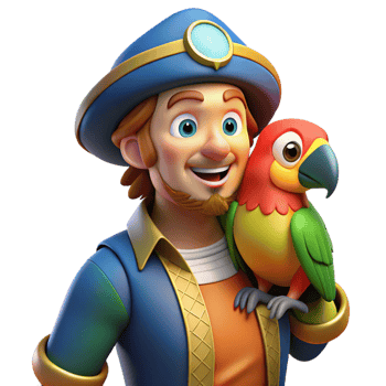wonderful rustic A colorful parrot perched on a pirate's shoulder, cartoon style, bright and cheerful high resolution png