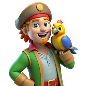 beautiful rustic A colorful parrot perched on a pirate's shoulder, cartoon style, bright and cheerful 4K png