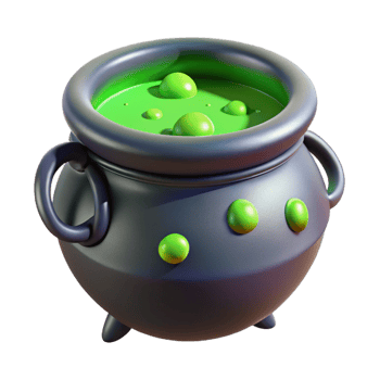 magnificent rustic Single, cartoon witch's cauldron, bubbling green liquid high resolution png