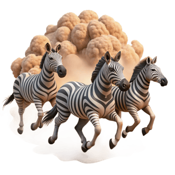 stunning modern A herd of zebras running across the African savanna, dust clouds billowing, cinematic style professional png