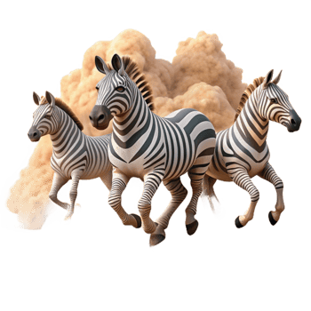 extraordinary classic A herd of zebras running across the African savanna, dust clouds billowing, cinematic style premium png