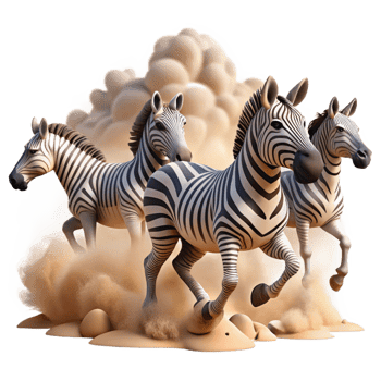 extraordinary artistic A herd of zebras running across the African savanna, dust clouds billowing, cinematic style detailed png