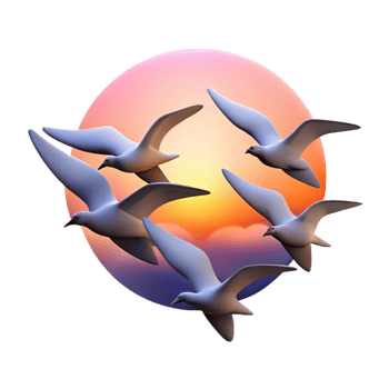 elegant artistic A flock of birds flying in formation, sunset sky, serene and peaceful detailed png