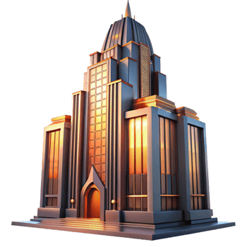 stunning artistic Art Deco skyscraper, intricate geometric facade, chrome accents, sunset lighting, volumetric lighting, cinematic style detailed png