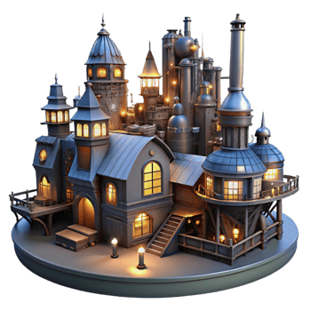 stunning creative A steampunk cityscape at night, illuminated by gaslight, long exposure photography style original png