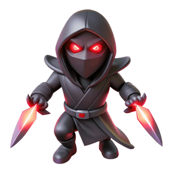 beautiful traditional A shadowy assassin with glowing red eyes, wielding twin daggers, illuminated by a single spotlight, in a dark, dramatic style detailed png