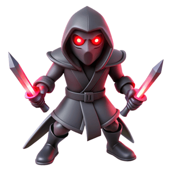 extraordinary vintage A shadowy assassin with glowing red eyes, wielding twin daggers, illuminated by a single spotlight, in a dark, dramatic style 4K png