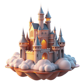 impressive traditional A majestic castle floating in the clouds, illuminated by the soft glow of the setting sun, in a dreamy, surreal style genuine png