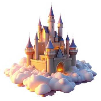 magnificent artistic A majestic castle floating in the clouds, illuminated by the soft glow of the setting sun, in a dreamy, surreal style exclusive png