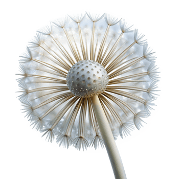 serene abstract A single dandelion seedhead, intricate details, delicate white filaments, backlit by a soft glow, macro photography genuine png