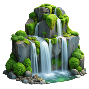 elegant traditional A cascading waterfall, crystal clear water, lush green moss-covered rocks, long exposure photography 4K png