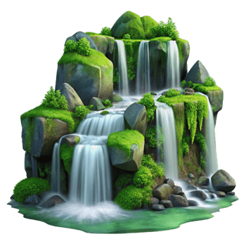 wonderful contemporary A cascading waterfall, crystal clear water, lush green moss-covered rocks, long exposure photography detailed png
