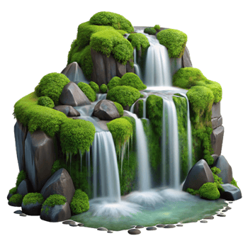 beautiful creative A cascading waterfall, crystal clear water, lush green moss-covered rocks, long exposure photography high resolution png