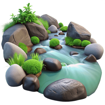 elegant abstract A babbling brook flowing over smooth stones, clear water, lush green vegetation, long exposure photography original png