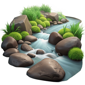 vibrant contemporary A babbling brook flowing over smooth stones, clear water, lush green vegetation, long exposure photography genuine png