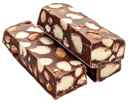 Delicious nougat bars with almonds and white chocolate pieces, perfect for sweet treat or dessert. Enjoy rich flavors and crunchy texture in every bite png