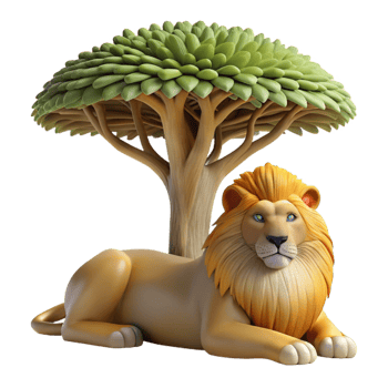 beautiful contemporary A regal lion resting in the shade of a baobab tree, golden hour lighting, realistic painting style 4K png