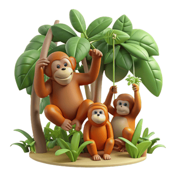 serene traditional A family of orangutans swinging through the trees, jungle setting, dynamic lighting, photography style professional png