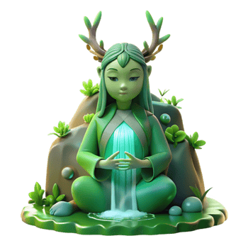 dramatic contemporary A serene forest spirit with glowing green skin and antler-like branches, meditating beneath a waterfall, illuminated by dappled sunlight. Fantasy art style original png