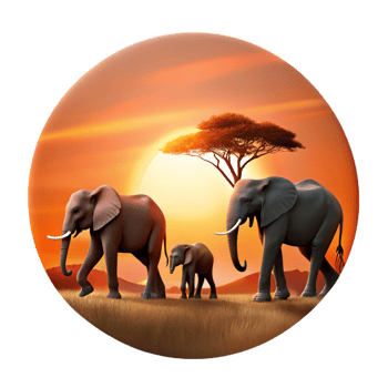 dramatic classic A family of elephants walking across the savanna at sunset, silhouetted against the fiery sky, depicted in a minimalist, silhouette style professional png
