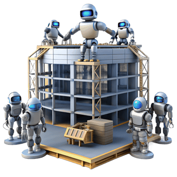 wonderful artistic A group of robots, constructing a massive, futuristic building, against a backdrop of swirling nebulae. Constructivist style, dynamic lighting high quality png
