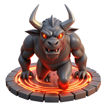 wonderful contemporary A fierce Minotaur with glowing red eyes, charging through a labyrinth of obsidian, dramatic backlighting, dark fantasy art style high quality png