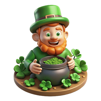 vibrant rustic A mischievous Leprechaun with a pot of gold, hiding amongst a patch of four-leaf clovers, dappled sunlight, Irish folklore art style high resolution png