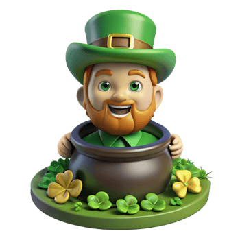 beautiful rustic A mischievous Leprechaun with a pot of gold, hiding amongst a patch of four-leaf clovers, dappled sunlight, Irish folklore art style high resolution png